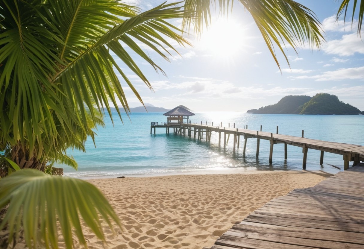 A wooden dock juts out over the crystal-clear blue sea in Belize. Lush green trees line the shore in the distance.