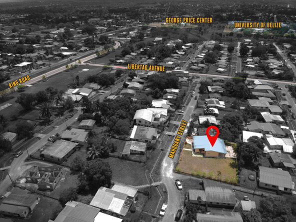 Aerial view of Belmopan neighborhood highlighting the property.